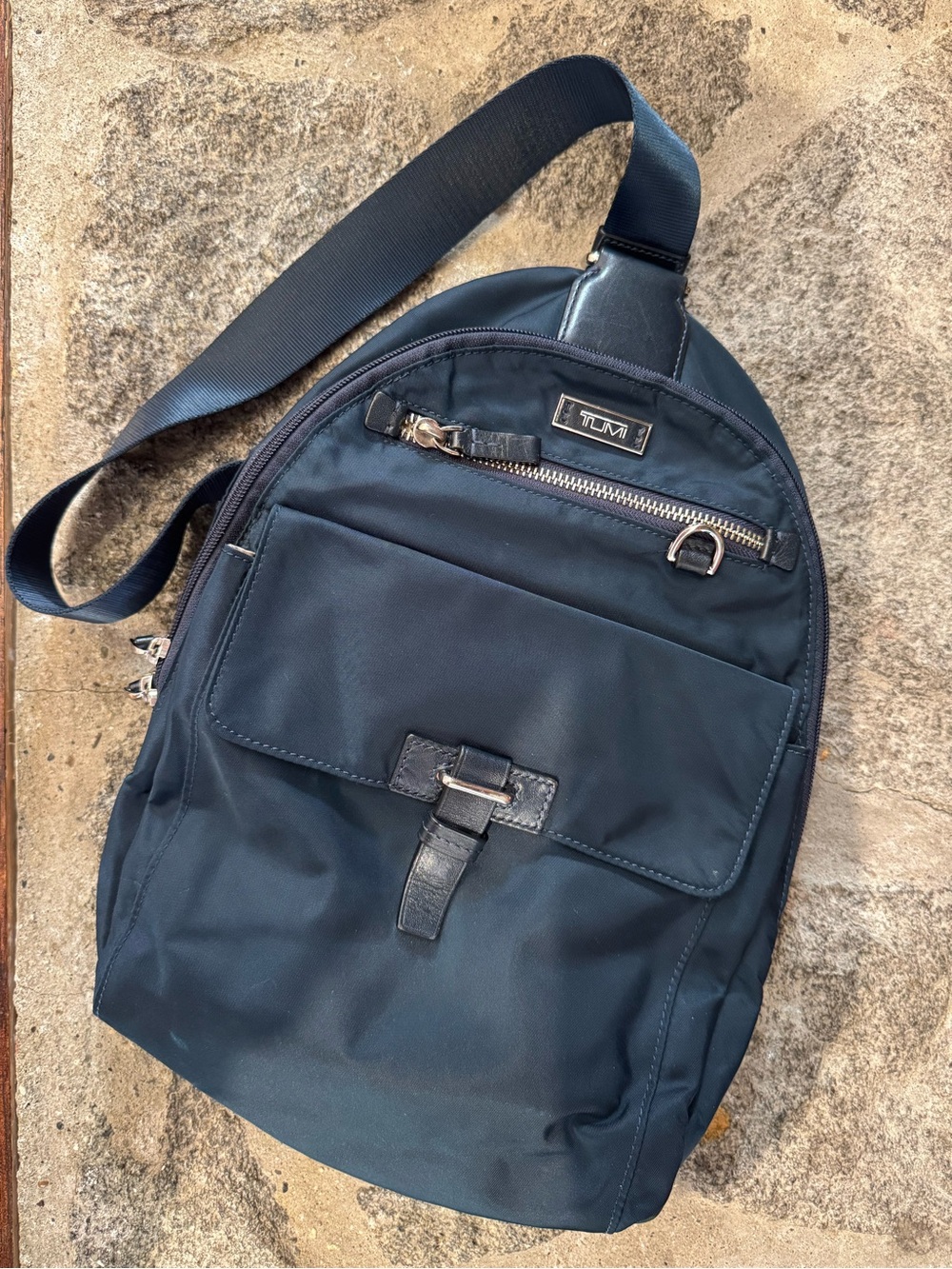 Tumi Navy Blue Nylon Sling Cross-Body Bag with Leather Accents